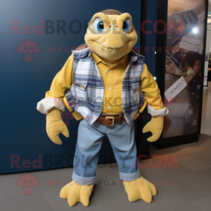 Gold Turtle mascot costume character dressed with a Chambray Shirt and Scarf clips