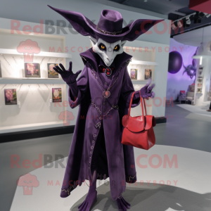 Lavender Vampire mascot costume character dressed with a Coat and Handbags