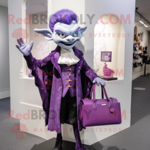 Lavender Vampire mascot costume character dressed with a Coat and Handbags