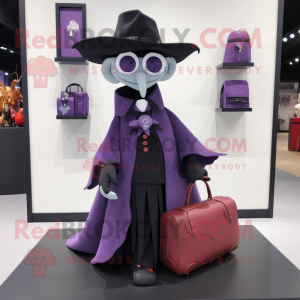 Lavender Vampire mascot costume character dressed with a Coat and Handbags