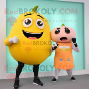 Peach Banana mascot costume character dressed with a Tank Top and Smartwatches