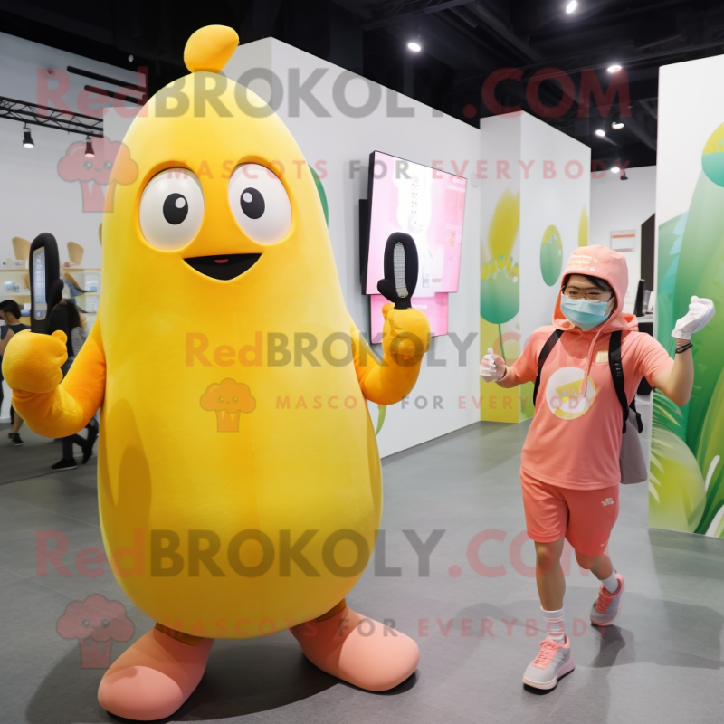 Peach Banana mascot costume character dressed with a Tank Top and Smartwatches Peach Banana mascot costume character dressed with a Tank Top and Smartwatches