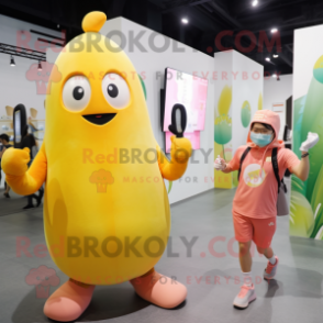 Peach Banana mascot costume character dressed with a Tank Top and Smartwatches