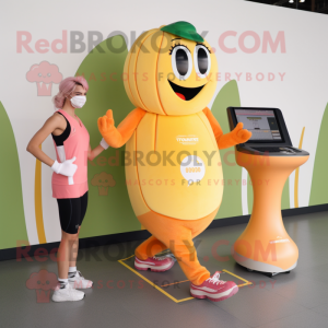 Peach Banana mascot costume character dressed with a Tank Top and Smartwatches