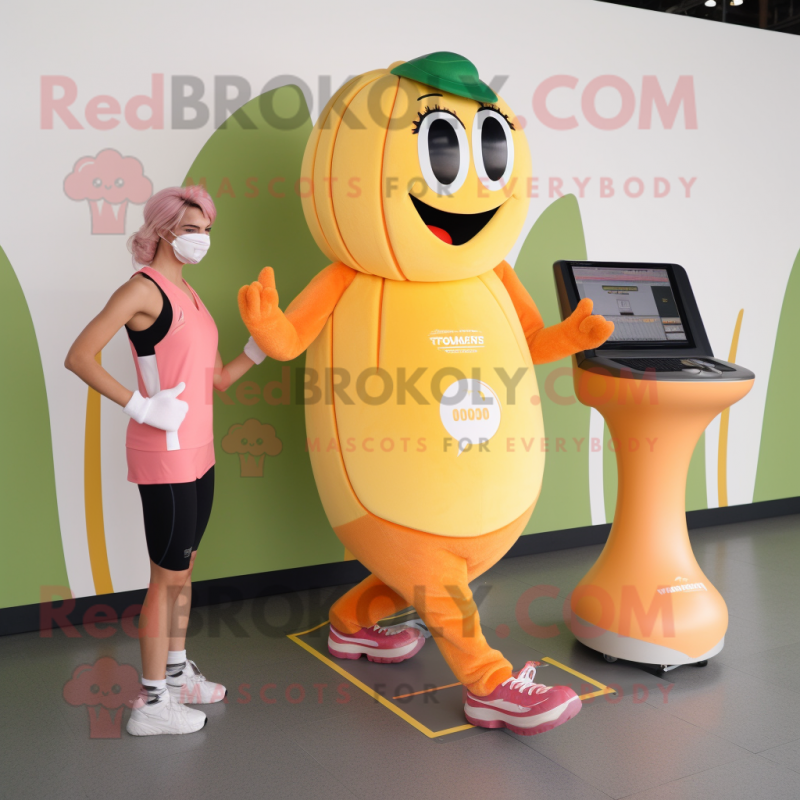 Peach Banana mascot costume character dressed with a Tank Top and Smartwatches Peach Banana mascot costume character dressed with a Tank Top and Smartwatches