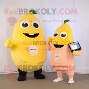 Peach Banana mascot costume character dressed with a Tank Top and Smartwatches