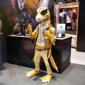 Gold Deinonychus mascot costume character dressed with a Flare Jeans and Scarves