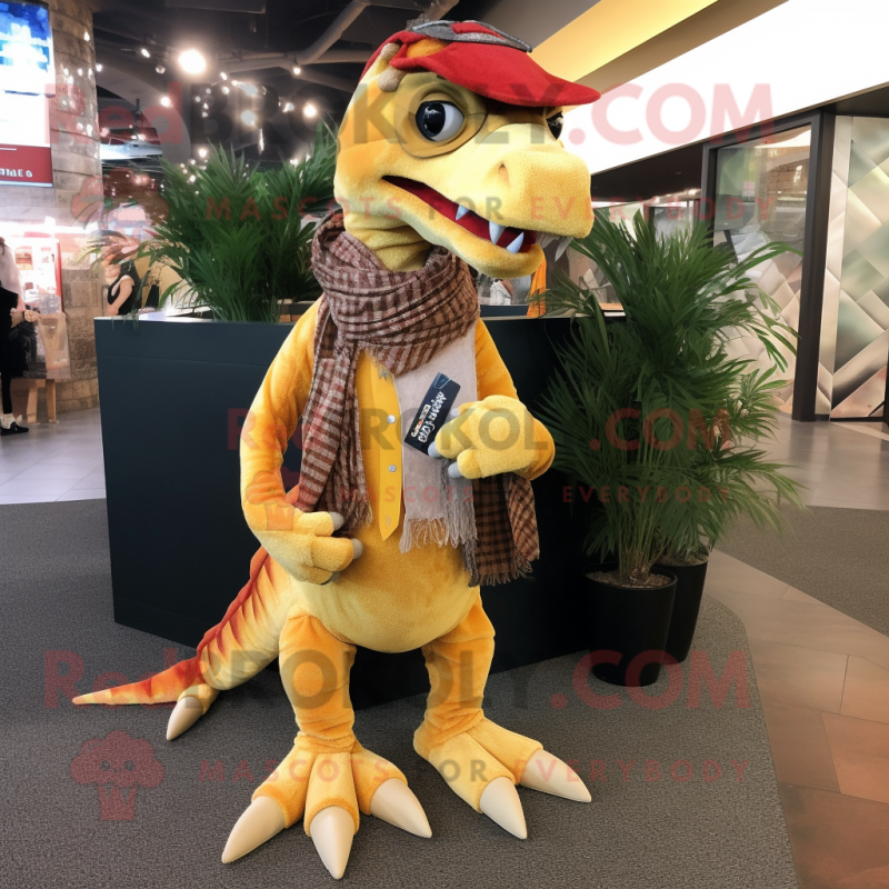 Gold Deinonychus mascot costume character dressed with a Flare Jeans and Scarves Gold Deinonychus mascot costume character dressed with a Flare Jeans and Scarves
