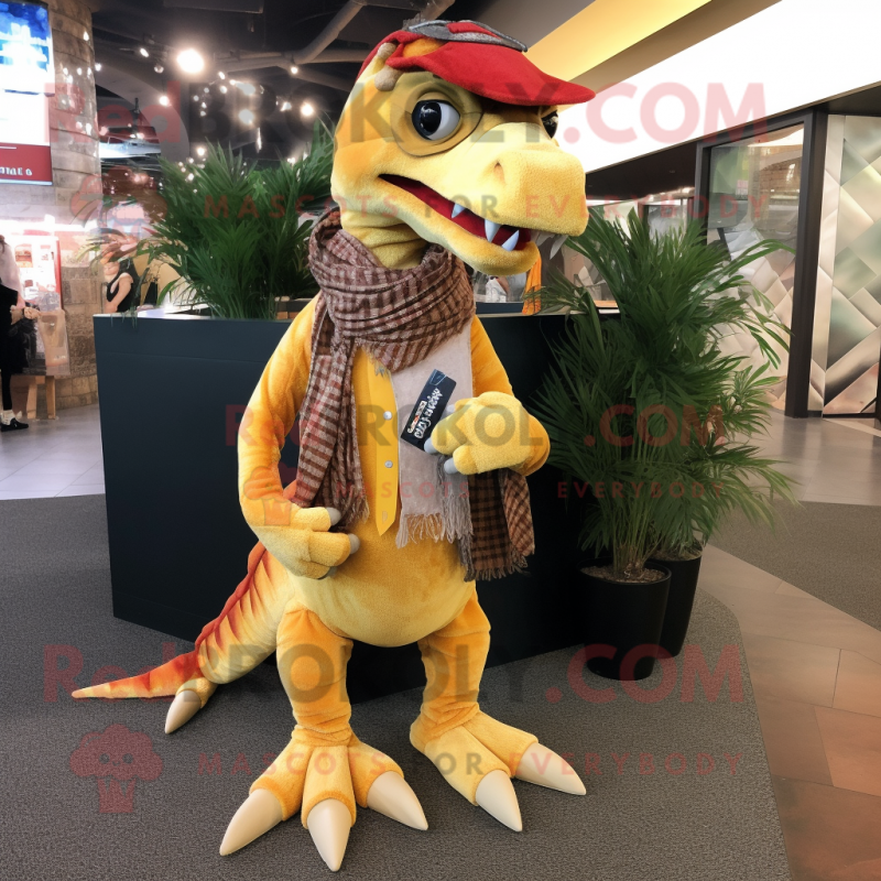 Gold Deinonychus mascot costume character dressed with a Flare Jeans and Scarves