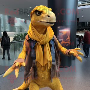 Gold Deinonychus mascot costume character dressed with a Flare Jeans and Scarves