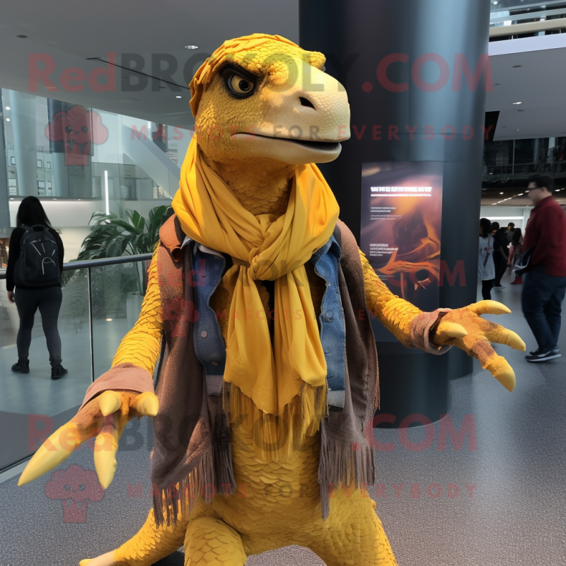 Gold Deinonychus mascot costume character dressed with a Flare Jeans and Scarves Gold Deinonychus mascot costume character dressed with a Flare Jeans and Scarves