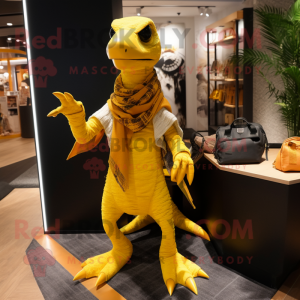 Gold Deinonychus mascot costume character dressed with a Flare Jeans and Scarves