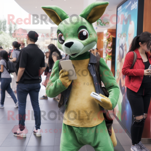 Green Kangaroo mascot costume character dressed with a Skinny Jeans and Messenger bags