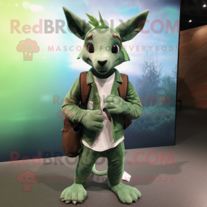 Green Kangaroo mascot costume character dressed with a Skinny Jeans and Messenger bags