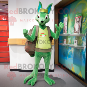 Green Kangaroo mascot costume character dressed with a Skinny Jeans and Messenger bags