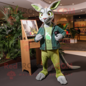 Green Kangaroo mascot costume character dressed with a Skinny Jeans and Messenger bags