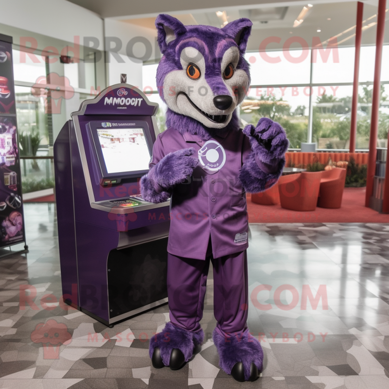Purple Wolf mascot costume character dressed with a Long Sleeve Tee and Coin purses Purple Wolf mascot costume character dressed with a Long Sleeve Tee and Coin purses