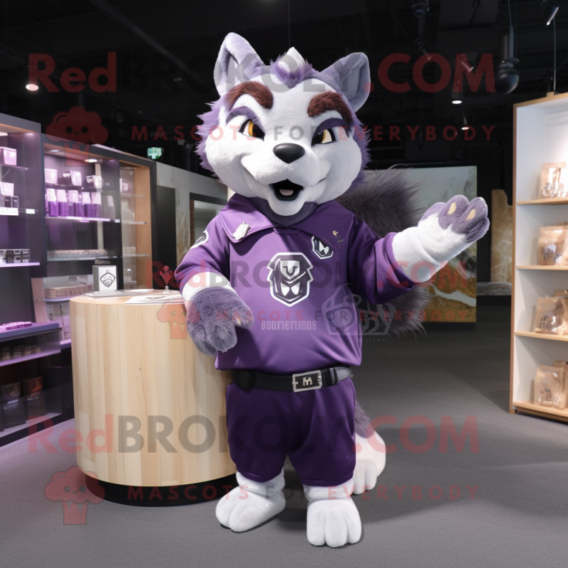 Purple Wolf mascot costume character dressed with a Long Sleeve Tee and Coin purses Purple Wolf mascot costume character dressed with a Long Sleeve Tee and Coin purses