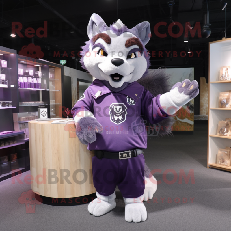 Purple Wolf mascot costume character dressed with a Long Sleeve Tee and Coin purses