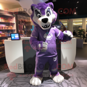 Purple Wolf mascot costume character dressed with a Long Sleeve Tee and Coin purses