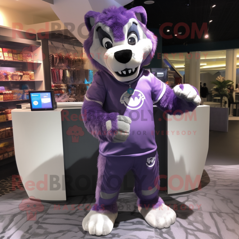 Purple Wolf mascot costume character dressed with a Long Sleeve Tee and Coin purses Purple Wolf mascot costume character dressed with a Long Sleeve Tee and Coin purses