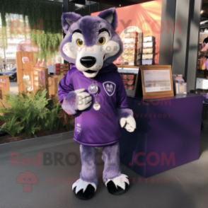 Purple Wolf mascot costume character dressed with a Long Sleeve Tee and Coin purses