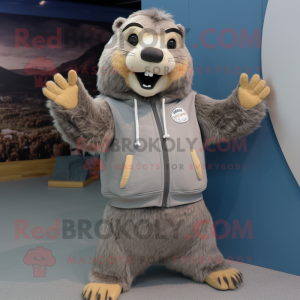 Gray Marmot mascot costume character dressed with a Sweatshirt and Rings