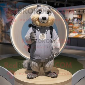 Gray Marmot mascot costume character dressed with a Sweatshirt and Rings