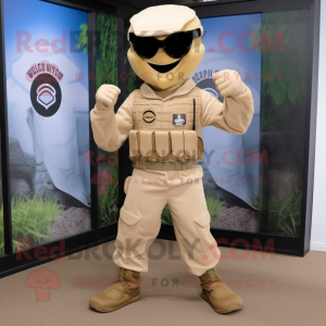Beige Para Commando mascot costume character dressed with a Dress Shirt and Bracelets