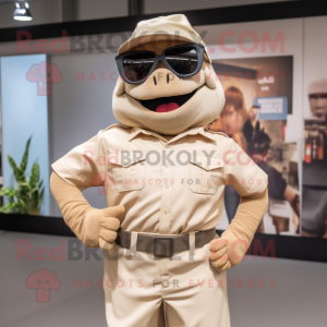 Beige Para Commando mascot costume character dressed with a Dress Shirt and Bracelets