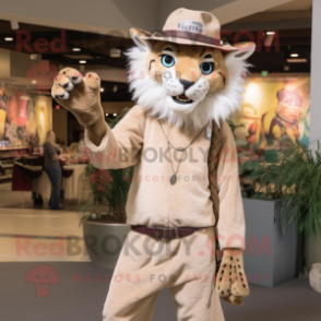 Beige Lynx mascot costume character dressed with a Skinny Jeans and Hat pins