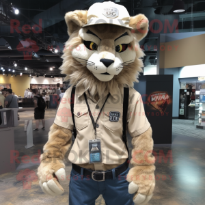 Beige Lynx mascot costume character dressed with a Skinny Jeans and Hat pins
