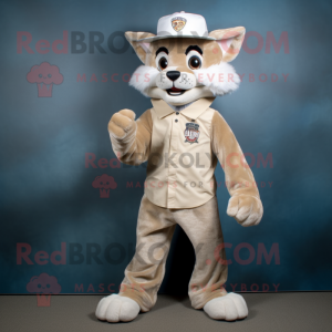 Beige Lynx mascot costume character dressed with a Skinny Jeans and Hat pins