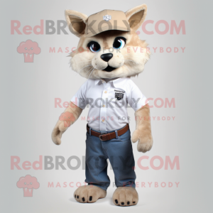 Beige Lynx mascot costume character dressed with a Skinny Jeans and Hat pins