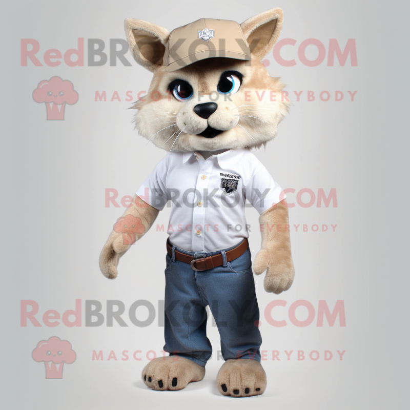 Beige Lynx mascot costume character dressed with a Skinny Jeans and Hat pins Beige Lynx mascot costume character dressed with a Skinny Jeans and Hat pins