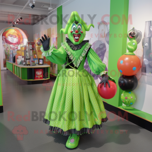 Lime Green Evil Clown mascot costume character dressed with a Circle Skirt and Handbags