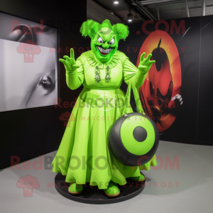 Lime Green Evil Clown mascot costume character dressed with a Circle Skirt and Handbags