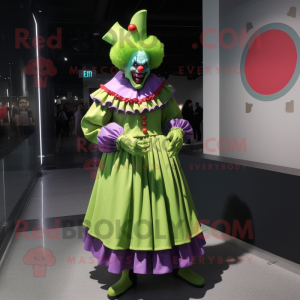 Lime Green Evil Clown mascot costume character dressed with a Circle Skirt and Handbags