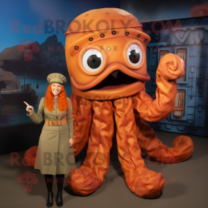 Rust Kraken mascot costume character dressed with a Pencil Skirt and Berets