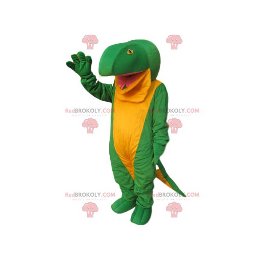 Mascotte de gros lézard vert et jaune. Costume de lézard -