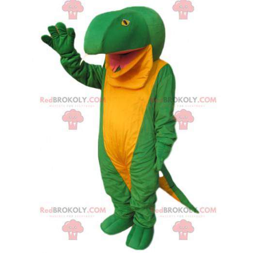 Mascotte de gros lézard vert et jaune. Costume de lézard -