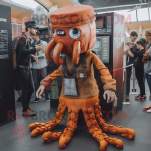 Rust Kraken mascot costume character dressed with a Pencil Skirt and Berets