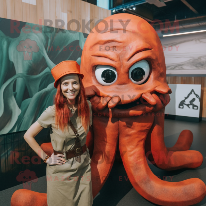 Rust Kraken mascot costume character dressed with a Pencil Skirt and Berets