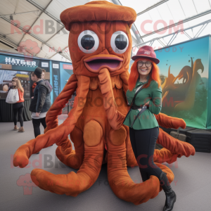 Rust Kraken mascot costume character dressed with a Pencil Skirt and Berets