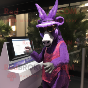 Purple Donkey mascot costume character dressed with a Dress and Sunglasses