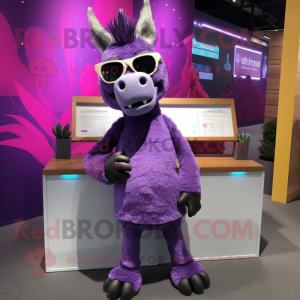 Purple Donkey mascot costume character dressed with a Dress and Sunglasses