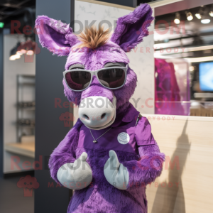 Purple Donkey mascot costume character dressed with a Dress and Sunglasses