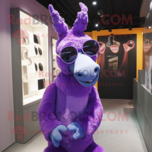 Purple Donkey mascot costume character dressed with a Dress and Sunglasses