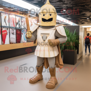 Tan Medieval Knight mascot costume character dressed with a Skinny Jeans and Ties