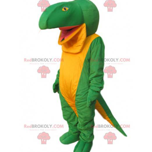 Mascotte grande lucertola verde e gialla. Costume da lucertola